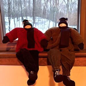 Primitive Shelf Sitter Dolls Pair Rustic Cabin Winter Christmas Decor Long Legs